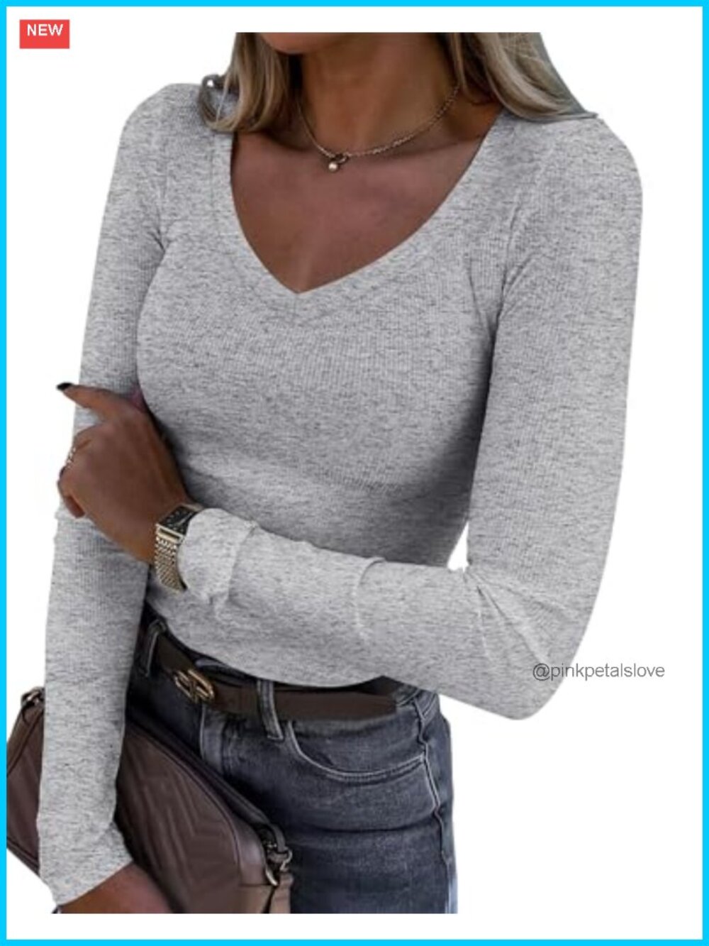 Long Sleeve V Neck Ribbed Knit Fitted Casual Top Tee Basic Shirt
